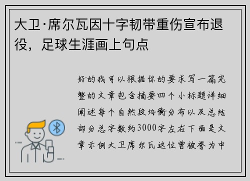 大卫·席尔瓦因十字韧带重伤宣布退役，足球生涯画上句点